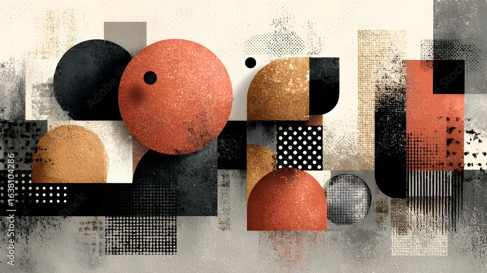 Poster a modern minimalist abstract composition featuring overlapping geometric shapes and patterns in a ha