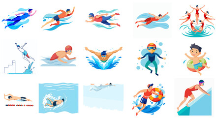  Full Body Vector Swimmer Performing Freestyle Stroke in Water, Flat Minimalist color Design on White Background