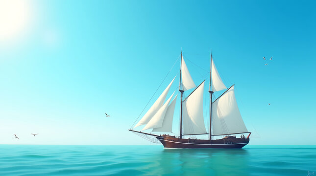 A graceful two-masted sailboat sailing on turquoise waters with seagulls above, capturing a serene voyage in 4K and HD.