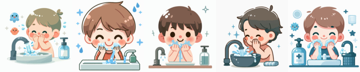 little boy face washing vector