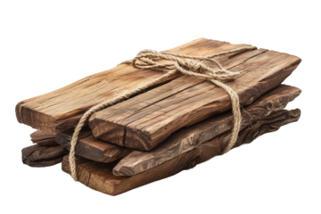 A stack of rustic wooden planks tied together with natural twine, showcasing their textured surfaces and rich tones, suitable for construction, crafts, or home decor projects
