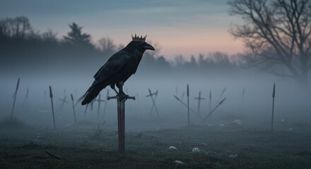 Crow perched on sword with crown in foggy landscape at sunrise