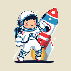 Endearing astronaut dabbing playfully on a cartoonish rocket, leaving a trail of sparkles and surrounded by floating balloons in a starry sky.