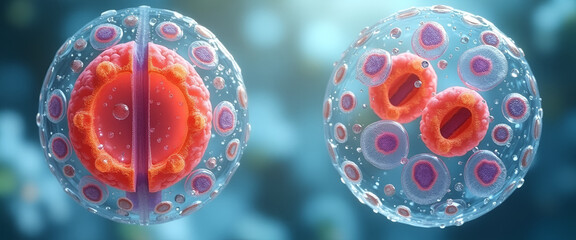 A detailed microscope image depicting the process of cell division in both animal and plant cells. 