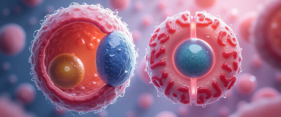 A detailed microscope image depicting the process of cell division in both animal and plant cells. 