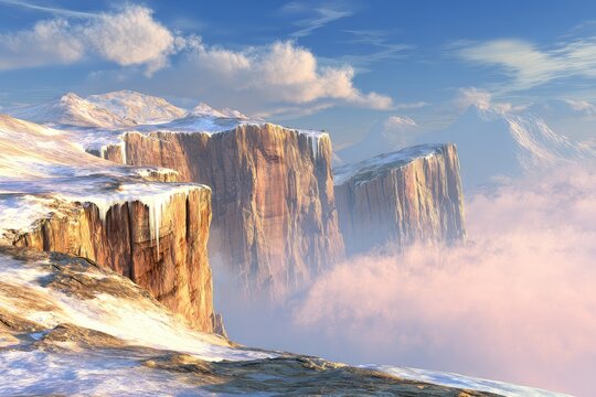 Snowy mountain peaks, sandstone cliffs, and clouds