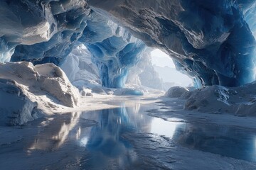 Ice cave, sunlight reflects on water