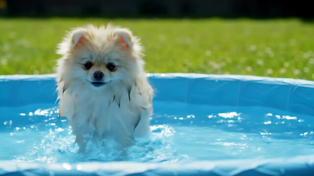 Happy Pomeranian dog cooling off, wading in blue kiddie pool on sunny summer day. Pet enjoys playful splash in water, outdoors in backyard with green grass.