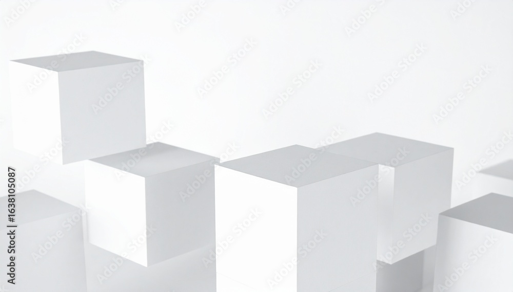 Poster abstract 3d cubes and rectangles floating on a white background with subtle shadows, symbolizing str