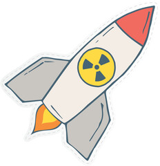 a doodle or cartoon-style illustration of a rocket with a nuclear symbol on its side. 