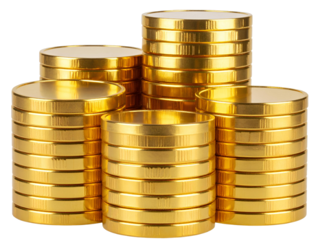 Gleaming Gold Coin Piles – Wealth and Investment Symbol on Transparent Background.