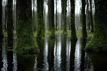 Moss-covered tree trunks in a flooded forest
