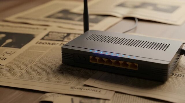 Wireless router with antennas and blue lights on newspapers, home network concept.