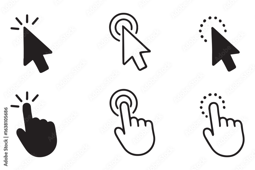 Poster set of cursor icons click and hand cursor icons click isolated on background. computer mouse click c