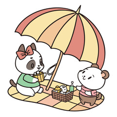 Cute cartoon black cat and bear having a picnic under a colorful umbrella