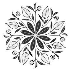 Elegant monochrome floral mandala design with repeating leaf and berry patterns on black background