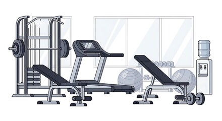 Fototapeta premium Business workplace interior with metal gym equipment and an empty conference room chair