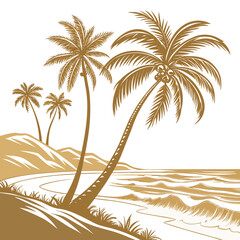 Golden silhouette of palm trees on a tropical beach with gentle waves and rolling hills