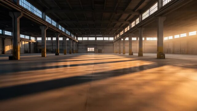 Large empty warehouse interior with concrete floor and sunlight streaming through windows creating shadows. Industry, building and architecture concept.