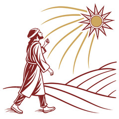 Man in traditional clothing walking towards a bright sun over rolling hills