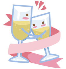 two cartoon champagne glasses affectionately hugging each other, adorned with hearts and a pink ribbon