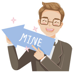 a man holding a sign that says "MINE" and pointing to it