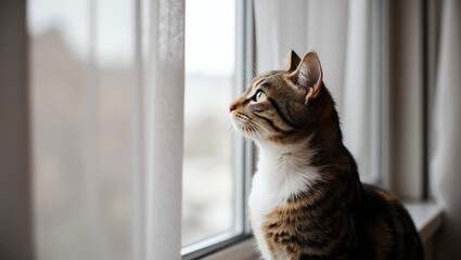 Curious tabby cat gazing thoughtfully out of a window, bathed in soft natural light. A perfect image for pet lovers and cozy indoor scenes.

