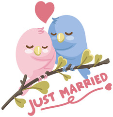 two adorable love birds, one pink and one blue, perched on a branch with a heart symbol above them