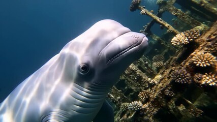 Close-up of a Beluga whale underwater, near corals and wreckage. Blue sea, marine life, and vibrant corals create a striking scene. - Powered by Adobe