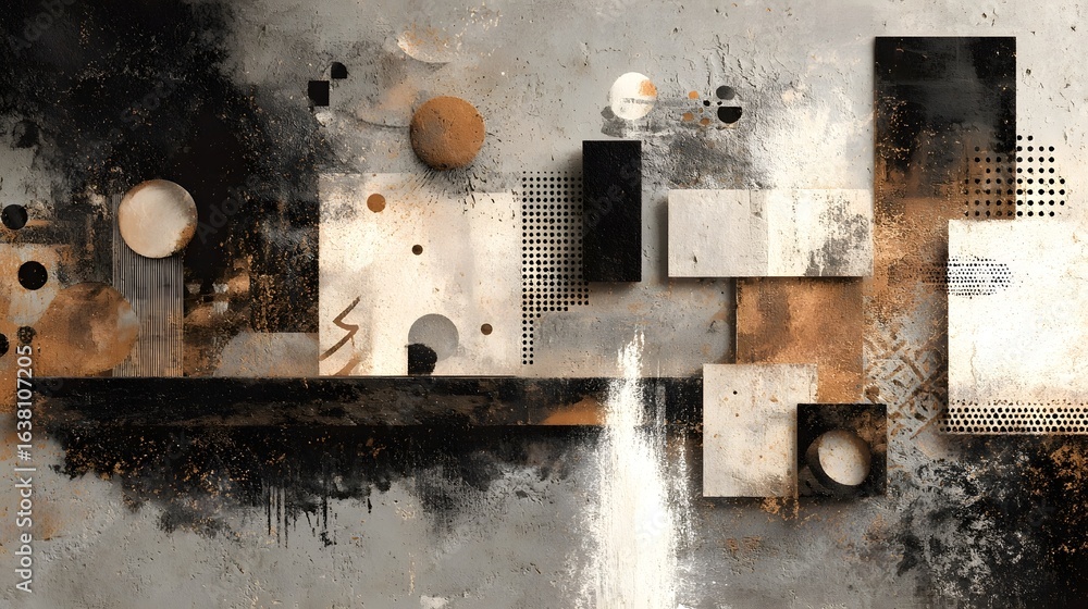 Poster a striking abstract artwork featuring a harmonious arrangement of geometric shapes textures and mute