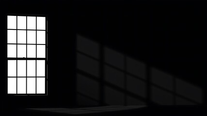 Illustration of sunlight streams through a tall grid window, casting geometric shadows across a dark room
