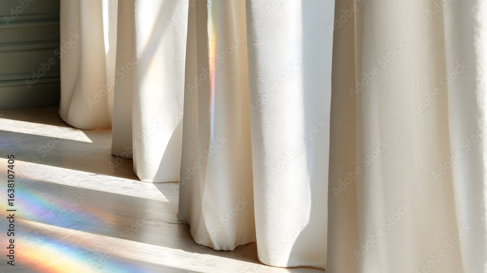 Poster sunlight streams through sheer curtains, casting rainbow patterns on a light-colored floor.