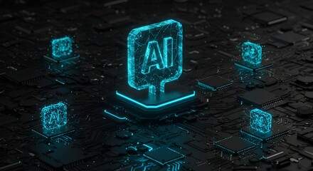 Dark circuit board with glowing blue AI icons and chips conveying tech
