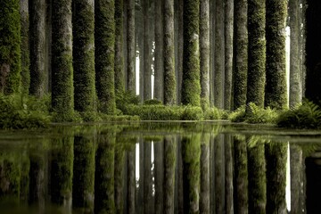 Dense forest reflecting in still water