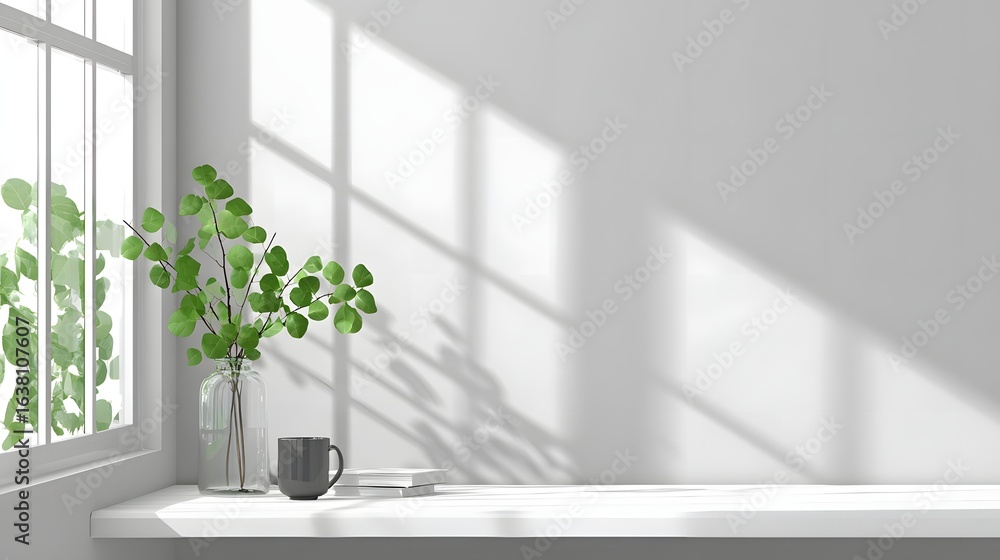 Poster daylight streams through a window onto a simple white surface.