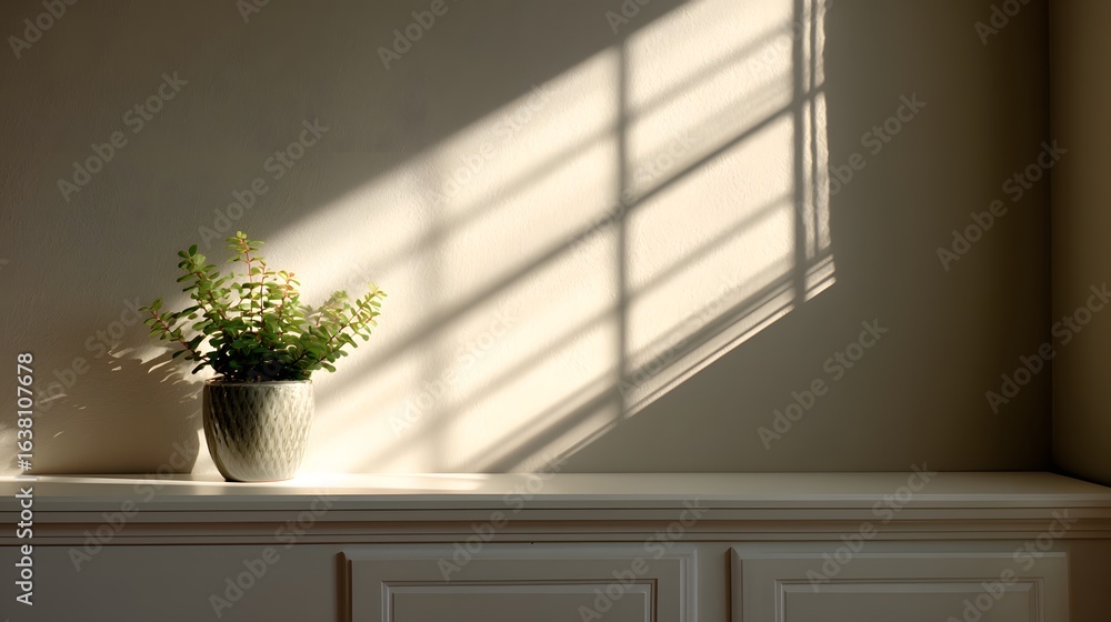 Poster sunlight streams through a window, casting shadows on a pale wall.