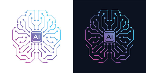 Artificial Intelligence AI Chip in Human Brain. Artificial Intelligence icon with Machine learning, digital skills, generative AI, AI technology, algorithm, virtual intelligence and future	
