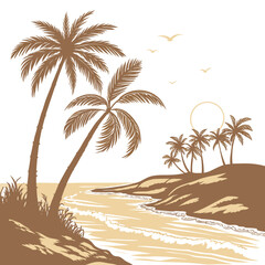 Stylized tropical beach scene with palm trees and gentle waves under a faint sun