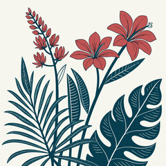 Stylized tropical floral arrangement with red hibiscus and lush greenery on cream background