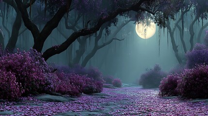 Dreamlike morning mist in floral forest high resolution photo
