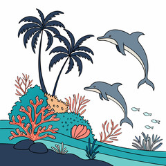 Two playful dolphins leap from turquoise ocean waves near palm trees and colorful coral reefs
