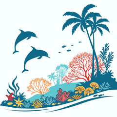 Two playful dolphins leap near a tropical coral reef with palm trees and fish