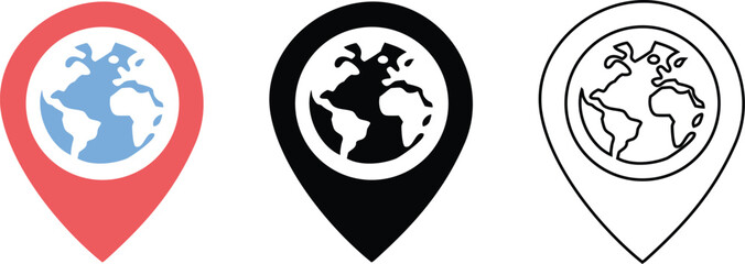 Global location icon. World map with GPS pins vector illustration. World globe map pin line icon. Geo location logo symbol. Geolocation icon vector illustration