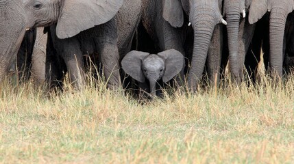 A young African elephant cautiously steps forward amidst a group of larger elephants in a grassy area, showcasing its curious nature and playful spirit in the wild.