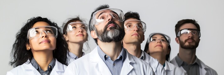 A diverse group of scientists gazing upward, showcasing teamwork and curiosity in a laboratory setting.