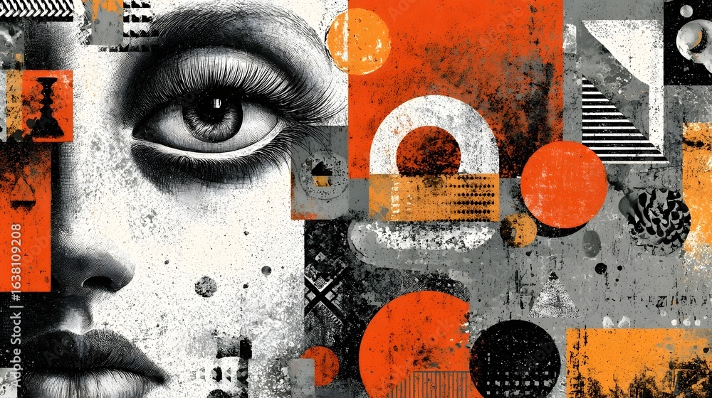 Poster a striking and visually compelling abstract collage featuring a close up of a face and eye combined 