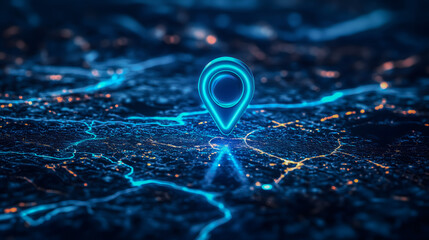 Luminous Geotag Icon on Night Map, Nearby Search & Delivery Tracking Visual, Smart City Navigation Theme.Generative AI