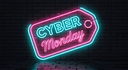 Obraz premium Neon sign advertising Cyber Monday sale against a dark brick wall.
