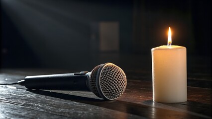 Obraz premium Close-up of a lying microphone and a lit candle on a dark stage