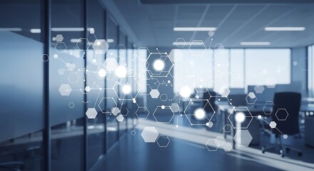 Abstract digital network overlayed on a modern, blurred office interior.